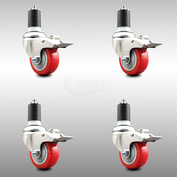 Service Caster 3 Inch 316SS Red Poly Swivel 1-5/8 Inch Expanding Stem Caster Set Lock Brake SCC-SS316TTLEX20S314-PPUB-RED-158-4 - main